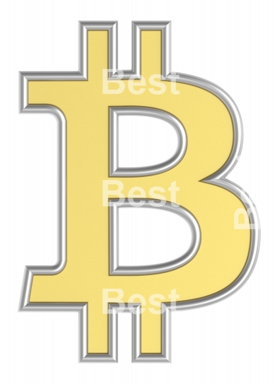 Bitcoin sign from yellow with silver shiny frame alphabet set, isolated on white