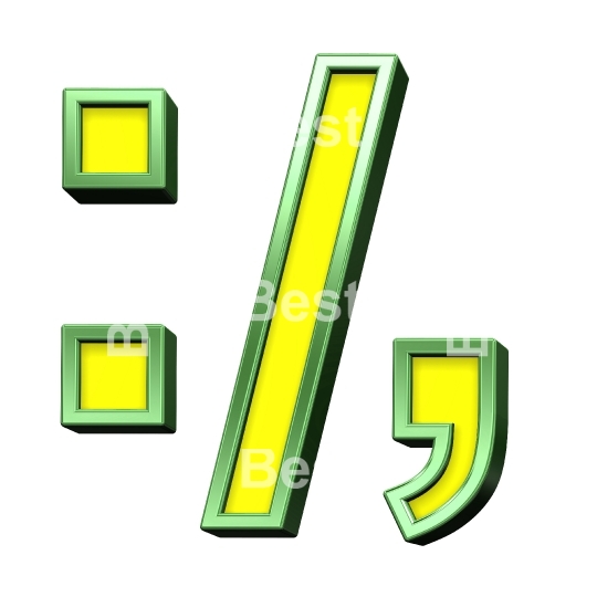 Colon, semicolon, period, comma sign from yellow with shiny green frame alphabet set, isolated on white. 