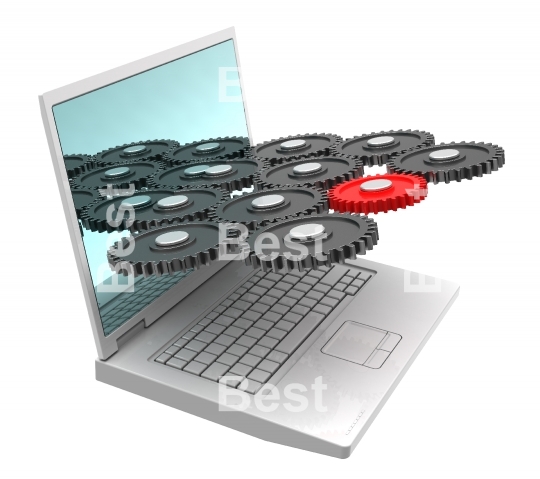 Laptop with gears isolated over white.