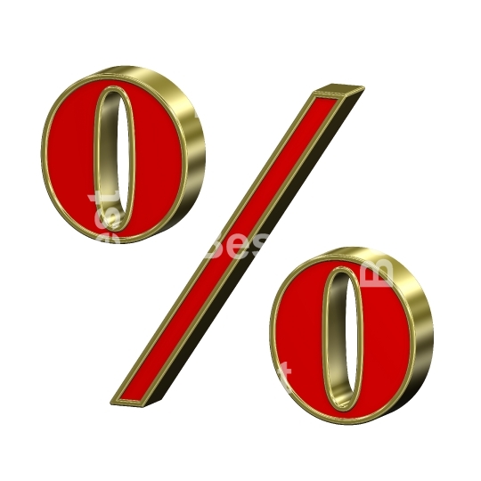 Percent sign from red with gold frame Roman alphabet set, isolated on white