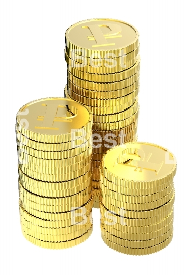 Stacks of gold ruble coins isolated on a white background. 