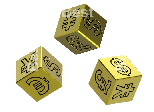 Three gold dices with money signs isolated on white