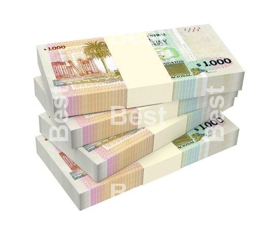 Uruguayan peso bills isolated on white with clipping path