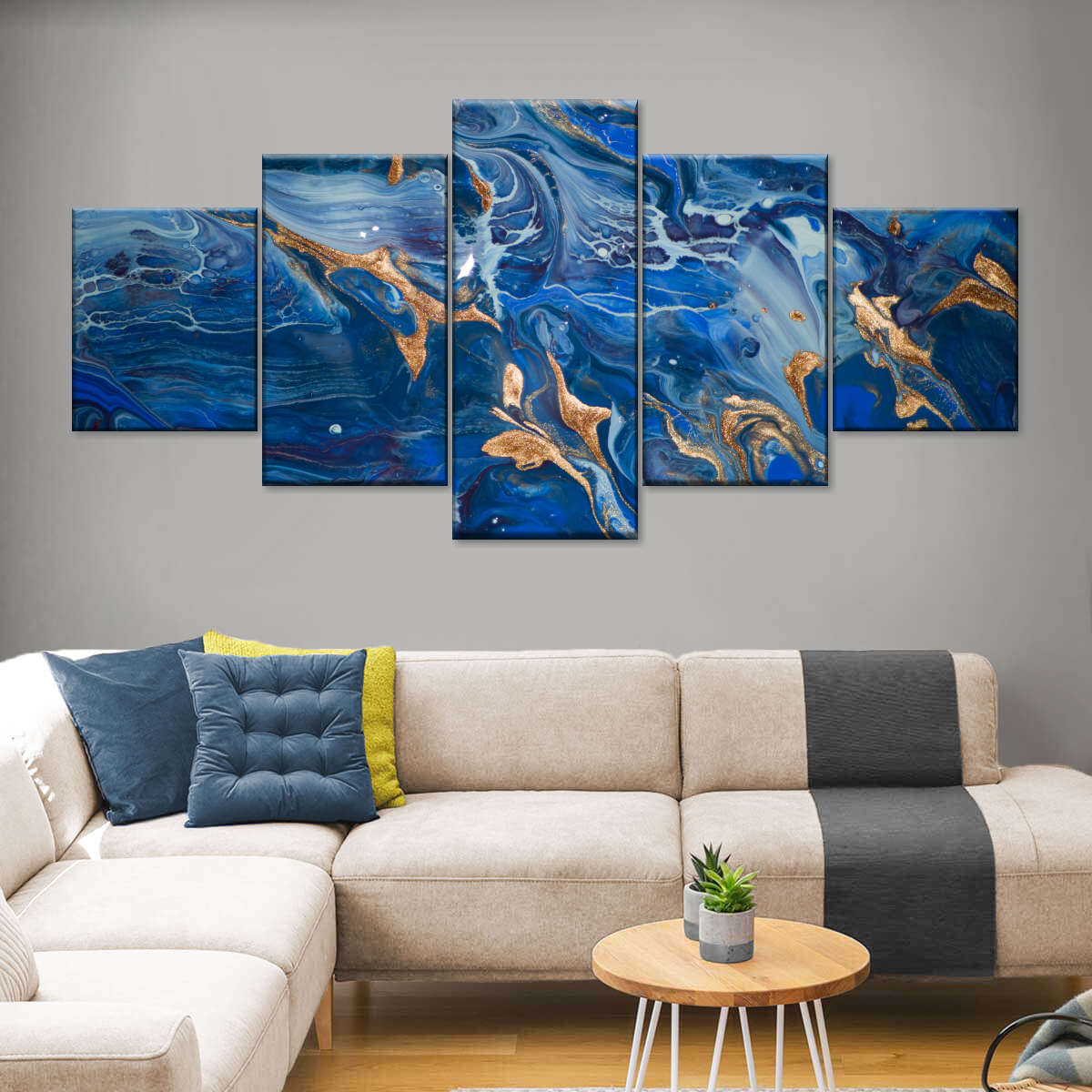 Blue Gold Marble Design Multi Panel Canvas Wall Art