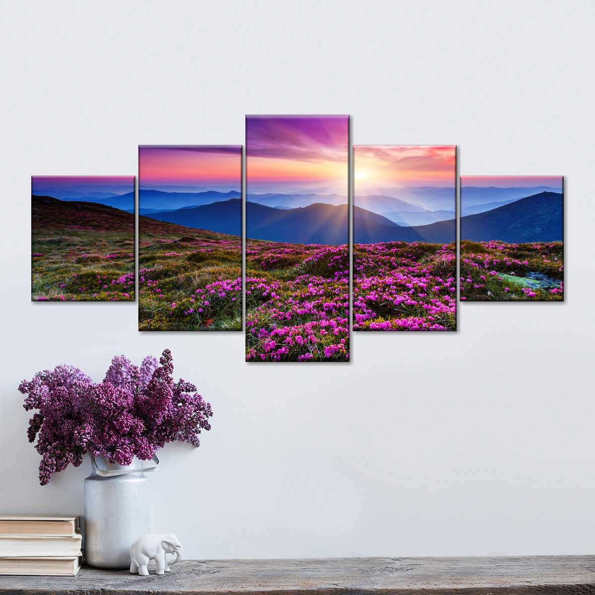 Pink Flowers at Sunset Multi Panel Canvas Wall Art