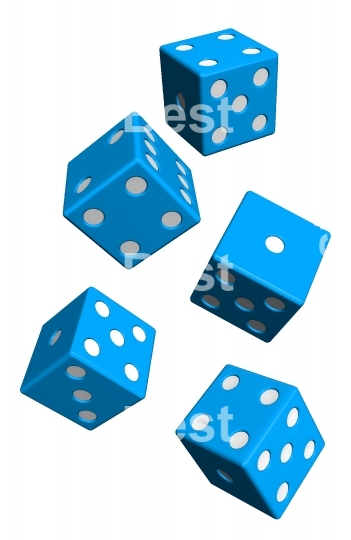 Five blue dices isolated on white. 