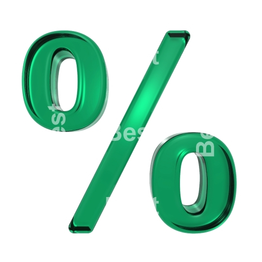 Percent sign from green glass alphabet set, isolated on white.