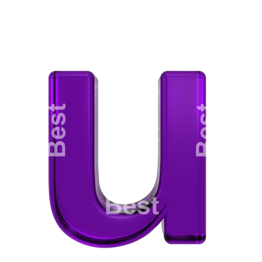 One lower case letter from purple glass alphabet set, isolated on white.