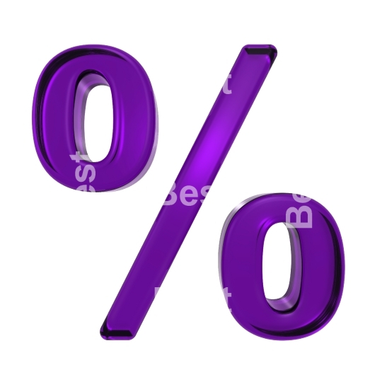 Percent sign from purple glass alphabet set, isolated on white.