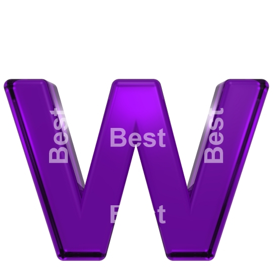 One lower case letter from purple glass alphabet set, isolated on white.