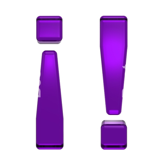 Exclamation mark from purple glass alphabet set, isolated on white.