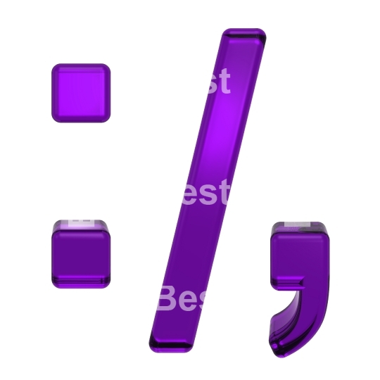 Colon, semicolon, period, comma sign from purple glass alphabet set, isolated on white. 