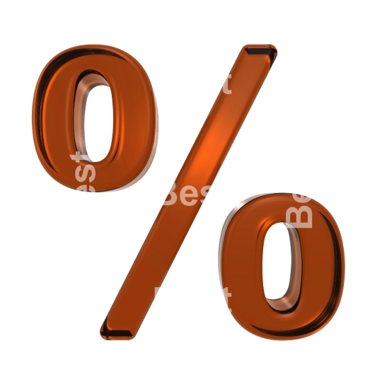 Percent sign from orange glass alphabet set, isolated on white.