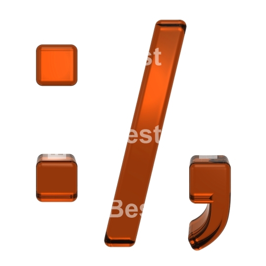 Colon, semicolon, period, comma sign from orange glass alphabet set, isolated on white. 