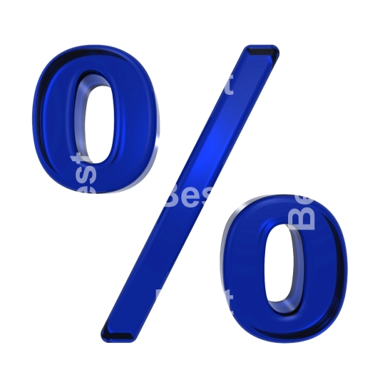 Percent sign from blue glass alphabet set, isolated on white.