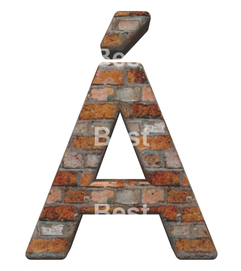 One letter from old brick alphabet set, isolated on white.