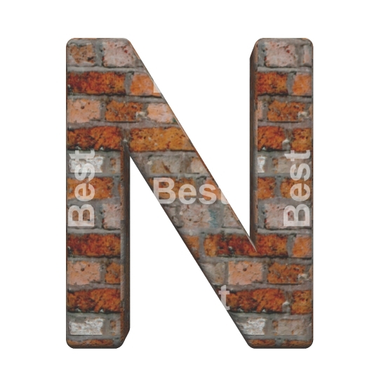 One letter from old brick alphabet set, isolated on white.