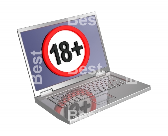 Adults only sign on laptop screen isolated over white.