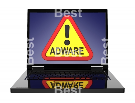Adware warning sign on laptop screen.