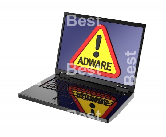 Adware warning sign on laptop screen.