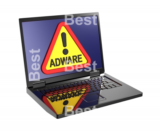 Adware warning sign on laptop screen.