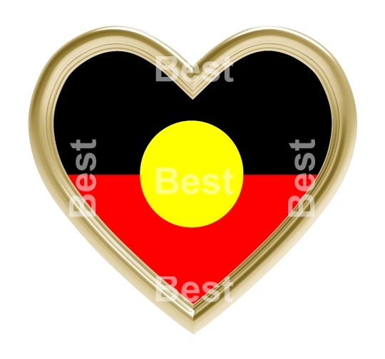 Australian Aborigines flag in gold heart isolated on white background.  