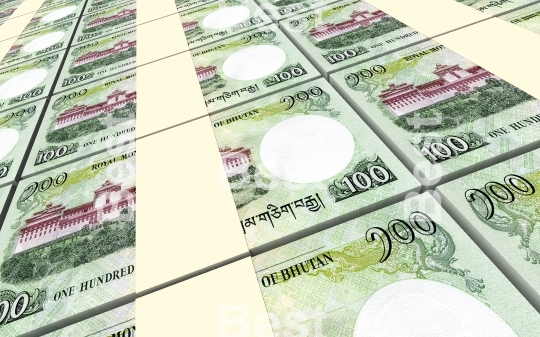 Bhutanese ngultrum bills stacks background