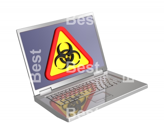 Biohazard sign on laptop screen isolated over white.