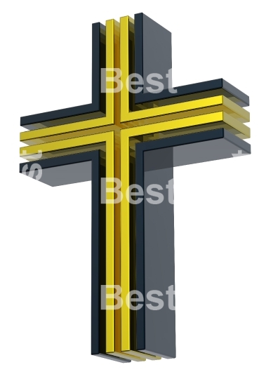 Black with gold Christian cross isolated on white.