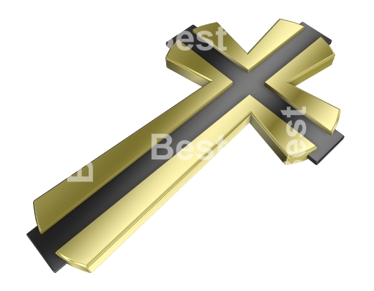Black with gold frame Christian cross isolated on white. 