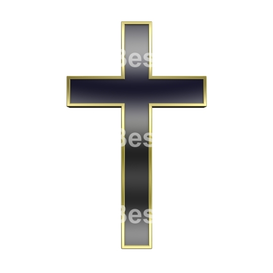 Black with gold frame Christian cross isolated on white.