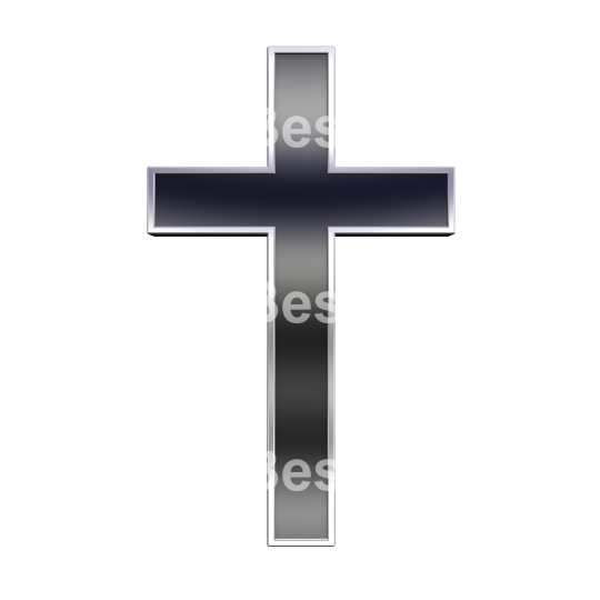 Black with silver frame Christian cross isolated on white.