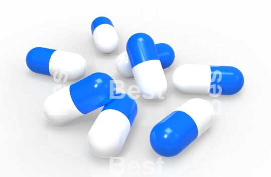 Blue medical capsules isolated on white background, close-up. 