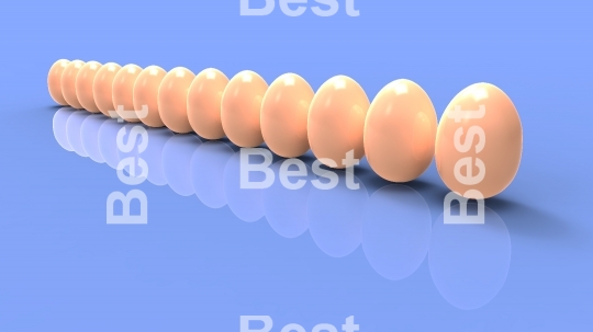 Brown eggs in line on blue background.