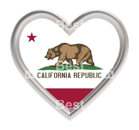 California flag in silver heart isolated on white background