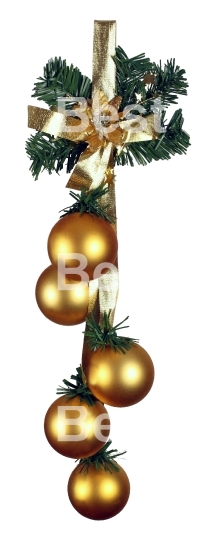 Christmas gold shiny baubles with gold ribbon isolated on white