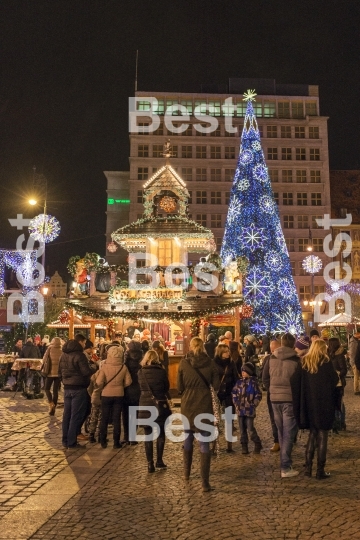 Christmas market in the Old Market Square in front of City Hall in Wroclaw, Poland