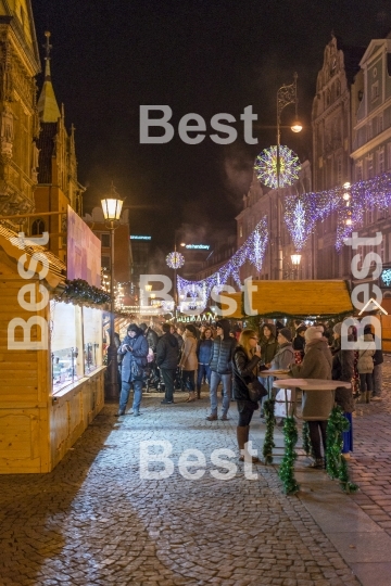 Christmas market in the Old Market Square in front of City Hall in Wroclaw, Poland