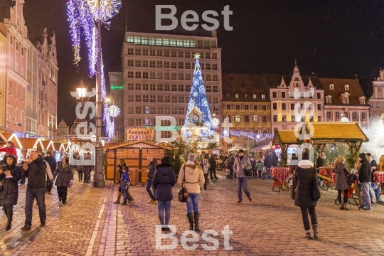 Christmas market in the Old Market Square in front of City Hall in Wroclaw, Poland