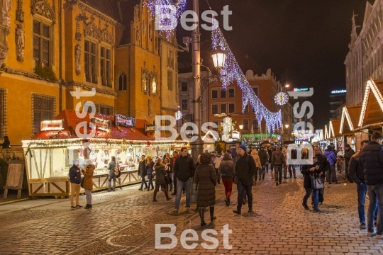 Christmas market in the Old Market Square in front of City Hall in Wroclaw, Poland