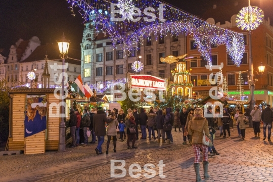 Christmas market in the Old Market Square in front of City Hall in Wroclaw, Poland