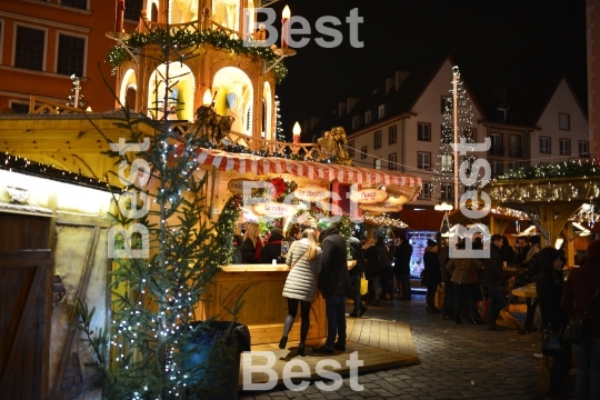 Christmas market in the Old Market Square in front of City Hall in Wroclaw, Poland