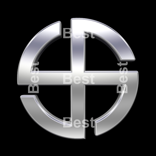 Chrome sun cross symbol - broken crossed circle isolated on the black. 
