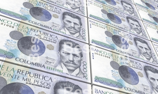 Colombian pesos bills stacks background.