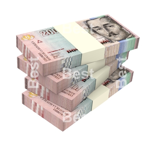 Colombian pesos bills stacks isolated on white background