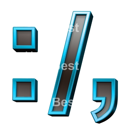 Colon, semicolon, period, comma from black glass with blue frame alphabet set, isolated on white.