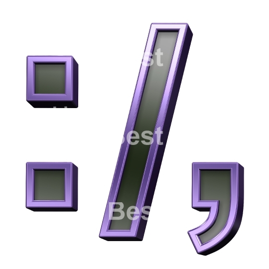Colon, semicolon, period, comma from black glass with purple frame alphabet set, isolated on white.