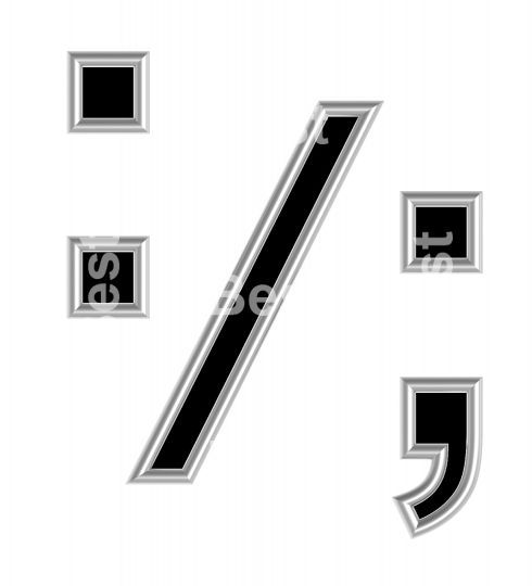 Colon, semicolon, period, comma from black with silver shiny frame alphabet set, isolated on white
