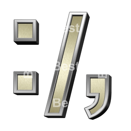Colon, semicolon, period, comma from brushed gold with shiny silver frame alphabet set, isolated on white.