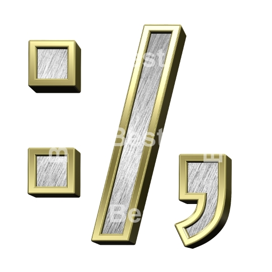 Colon, semicolon, period, comma from brushed silver with gold frame alphabet set, isolated on white